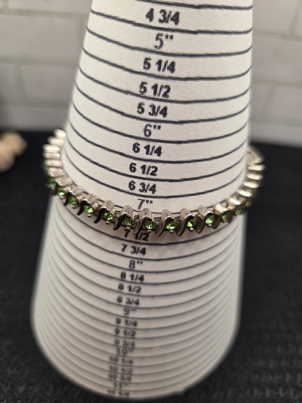 1238. Green Rhinestone Silver Tone Tennis Bracelet - Picture 5 of 5